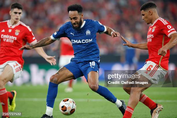 Pierre Aubameyang of Olympique Marseille, Alexander Bah of SL Benfica, Antonio Silva of SL Benfica battle for the ball during the UEFA Europa League...