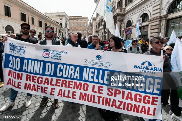 Operators of ''Balneari'' concessions are protesting against the Bolkestein Directive in Piazza Santi Apostoli in Rome, Italy, on April 11 during a...