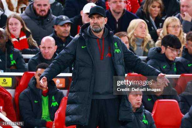 Liverpool manager Jürgen Klopp during the UEFA Europa League 2023/24 Quarter-Final first leg match between Liverpool FC and Atalanta at Anfield on...