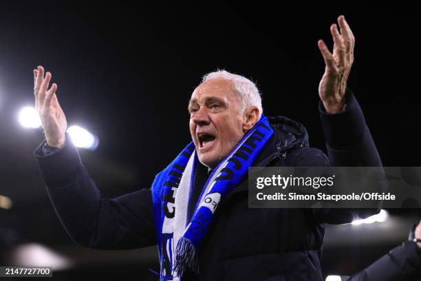 Atalanta president Antonio Percassi celebrates their victory during the UEFA Europa League 2023/24 Quarter-Final first leg match between Liverpool FC...