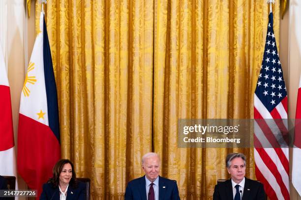 Vice President Kamala Harris, from left, President Joe Biden, and Antony Blinken, US secretary of state, during a trilateral meeting with Ferdinand...