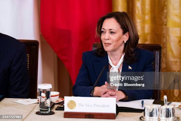 Vice President Kamala Harris during a trilateral meeting with US President Joe Biden, Ferdinand Marcos Jr., Philippines' president, and Fumio...