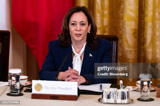 Vice President Kamala Harris during a trilateral meeting with US President Joe Biden, Ferdinand Marcos Jr., Philippines' president, and Fumio...