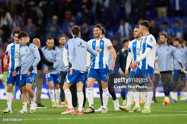 Players of RCD Espanyol are celebrating after winning the Spanish La Liga Hipermotion football match against Albacete Balompie at Stage Front Stadium...