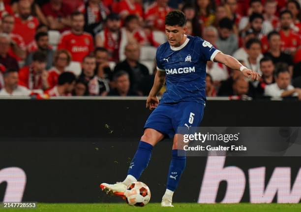Leonardo Balerdi of Olympique Marseille in action during the Quarter-Final First Leg - UEFA Europa League 2023/24 match between SL Benfica and...