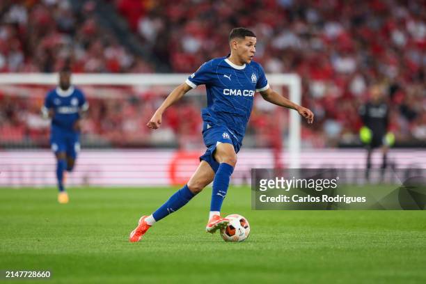 Amine Harit of Olympique Marseille during the UEFA Europa League 2023/24 Quarter-Final first leg match between SL Benfica and Olympique Marseille at...