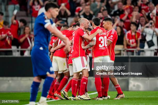 Rafa Silva of Benfica celebrating his goal with his teammates during the UEFA Europa League 2023/24 Quarter-Final first leg match between SL Benfica...