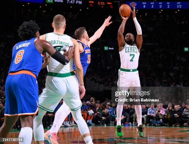 Jaylen Brown of the Boston Celtics shoots a three point basket during the game against the New York Knicks on April 11, 2024 at the TD Garden in...