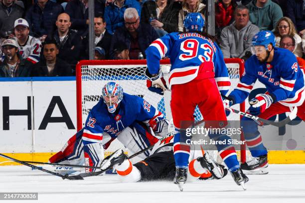 Jonathan Quick of the New York Rangers tends the net against the Philadelphia Flyers at Madison Square Garden on April 11, 2024 in New York City.