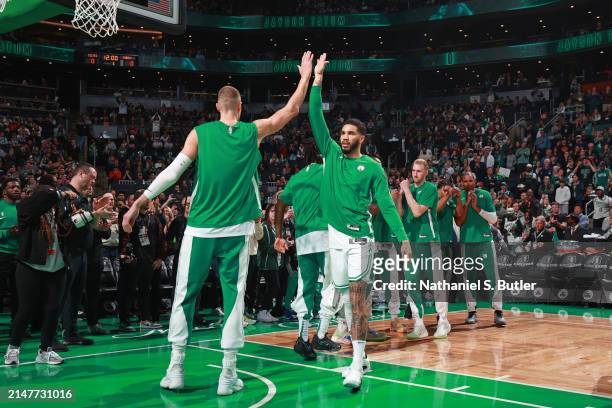 Jayson Tatum of the Boston Celtics is introduced before the game against the New York Knicks on April 11, 2024 at the TD Garden in Boston,...