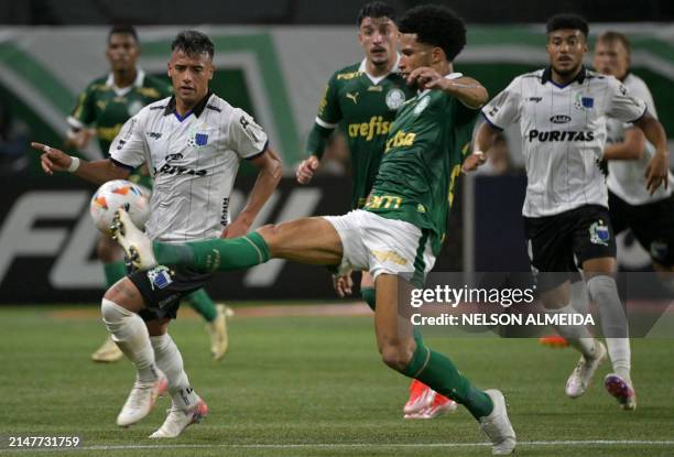 Liverpool's forward Luciano Rodriguez and Palmeiras' defender Murilo fight for the ball during the Copa Libertadores group stage first leg football...