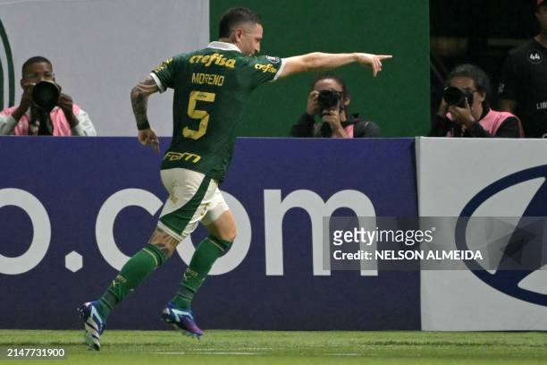 Palmeiras' Argentine midfielder Anibal Moreno celebrates after scoring a goal during the Copa Libertadores group stage first leg football match...