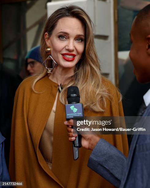 Angelina Jolie is seen attending the opening night of "The Outsiders" at The Bernard B. Jacobs Theatre on April 11, 2024 in New York City.