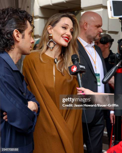 Angelina Jolie is seen attending the opening night of "The Outsiders" at The Bernard B. Jacobs Theatre on April 11, 2024 in New York City.