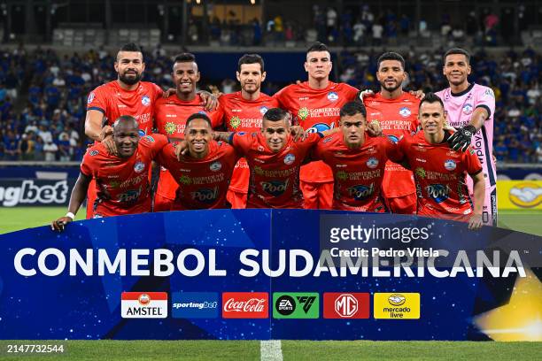 Players of Alianza Petrolera pose for photos before a match between Cruzeiro and Alianza Petrolera as part of the Copa CONMEBOL Sudamericana 2024 at...
