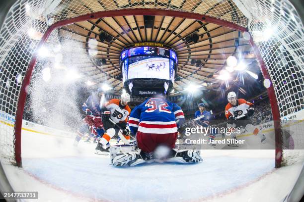 Jonathan Quick of the New York Rangers tends the net against the Philadelphia Flyers at Madison Square Garden on April 11, 2024 in New York City.