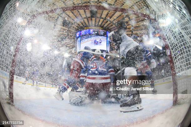 Jonathan Quick of the New York Rangers tends the net against the Philadelphia Flyers at Madison Square Garden on April 11, 2024 in New York City.