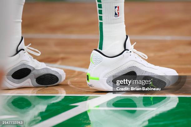 The sneakers worn by Jayson Tatum of the Boston Celtics during the game against the New York Knicks on April 11, 2024 at the TD Garden in Boston,...