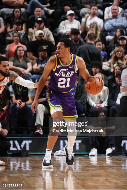 Darius Bazley of the Utah Jazz handles the ball during the game against the Houston Rockets on April 11, 2024 at Delta Center in Salt Lake City,...