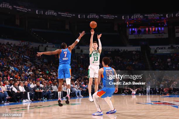 Drew Peterson of the Maine Celtics shoots a 3-point basket during the game during Game 2 of the G-League Finals on April 11, 2024 at Paycom Arena in...