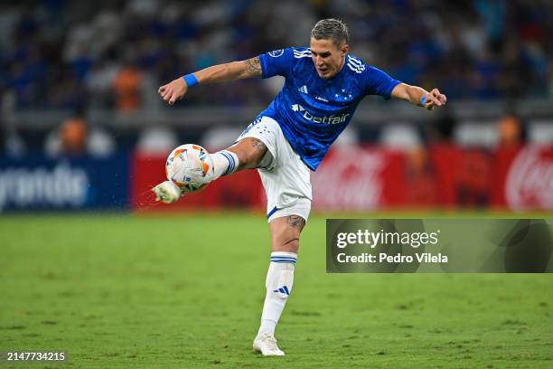 Mateus Vital of Cruzeiro kicks the ball during a match between Cruzeiro and Alianza Petrolera as part of the Copa CONMEBOL Sudamericana 2024 at...