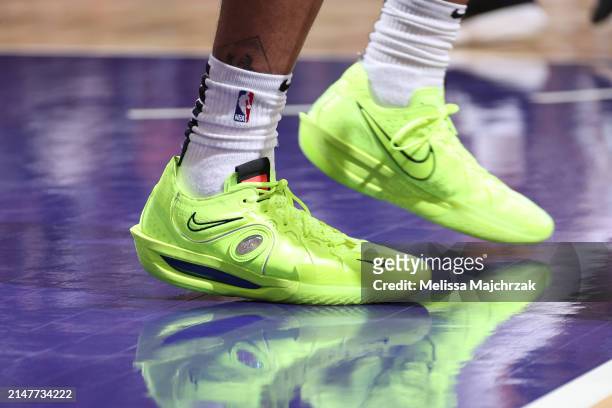 The sneakers worn by Keyonte George of the Utah Jazz during the game against the Houston Rockets on April 11, 2024 at Delta Center in Salt Lake City,...