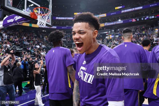 Keyonte George of the Utah Jazz celebrates before the game against the Houston Rockets on April 11, 2024 at Delta Center in Salt Lake City, Utah....