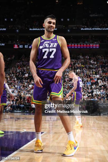 Omer Yurtseven of the Utah Jazz looks on during the game against the Houston Rockets on April 11, 2024 at Delta Center in Salt Lake City, Utah. NOTE...