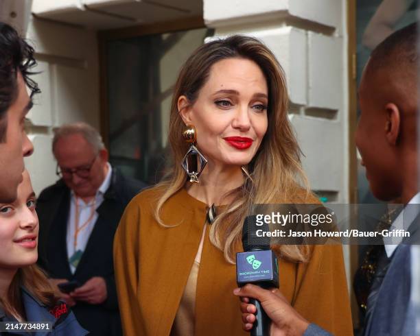 Angelina Jolie is seen attending the opening night of "The Outsiders" at The Bernard B. Jacobs Theatre on April 11, 2024 in New York City.