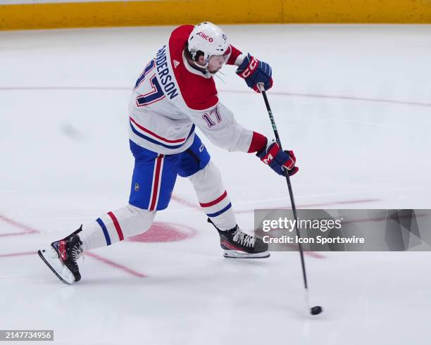 Montreal Canadiens Right Wing Josh Anderson takes a shot on goal during the third period of the National Hockey League game between the Montreal...