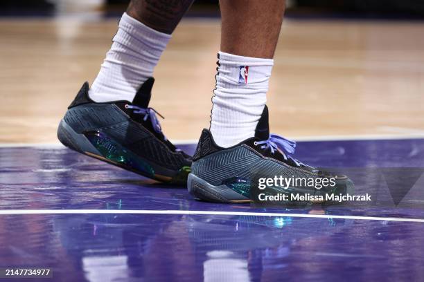 The sneakers worn by Talen Horton-Tucker of the Utah Jazz during the game against the Houston Rockets on April 11, 2024 at Delta Center in Salt Lake...