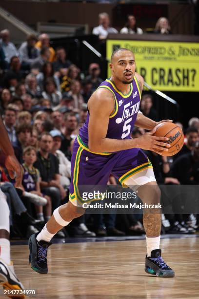 Talen Horton-Tucker of the Utah Jazz handles the ball during the game against the Houston Rockets on April 11, 2024 at Delta Center in Salt Lake...