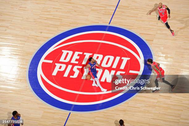 Troy Brown Jr. #7 of the Detroit Pistons dribbles the ball during the game against the Chicago Bulls on April 11, 2024 at Little Caesars Arena in...