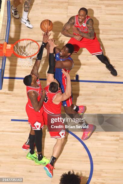 Jalen Duren of the Detroit Pistons shoots the ball during the game against the Chicago Bulls on April 11, 2024 at Little Caesars Arena in Detroit,...