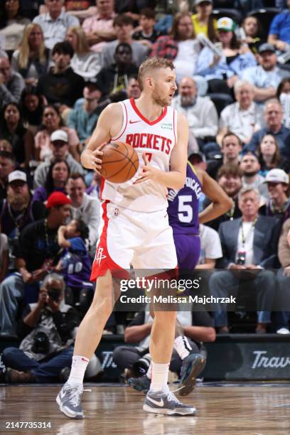 Cam Whitmore of the Houston Rockets handles the ball during the game against the Utah Jazz on April 11, 2024 at Delta Center in Salt Lake City, Utah....