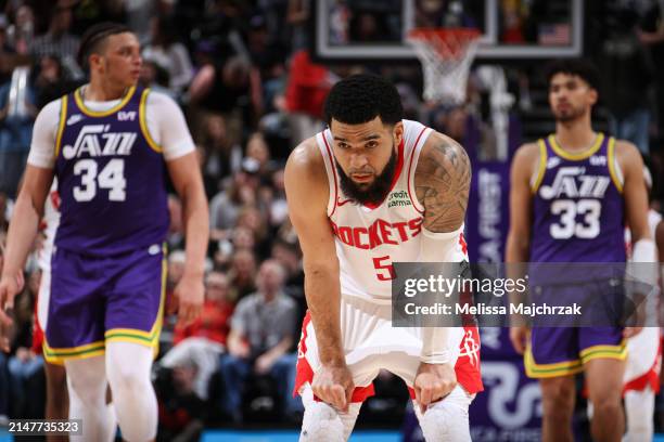 Fred VanVleet of the Houston Rockets looks on during the game against the Utah Jazz on April 11, 2024 at Delta Center in Salt Lake City, Utah. NOTE...