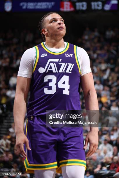 Kenneth Lofton Jr. #34 of the Utah Jazz looks on during the game against the Houston Rockets on April 11, 2024 at Delta Center in Salt Lake City,...