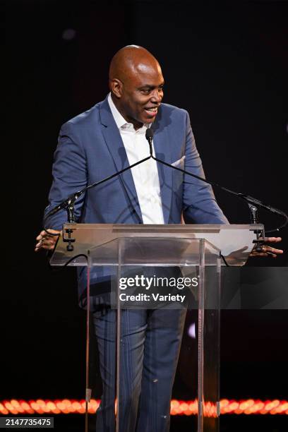 Kevin Frazier speaks onstage at the CinemaCon Big Screen Achievement Awards held during CinemaCon at The Colosseum on April 11, 2024 in Las Vegas,...