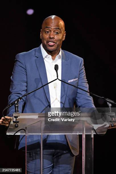 Kevin Frazier speaks onstage at the CinemaCon Big Screen Achievement Awards held during CinemaCon at The Colosseum on April 11, 2024 in Las Vegas,...
