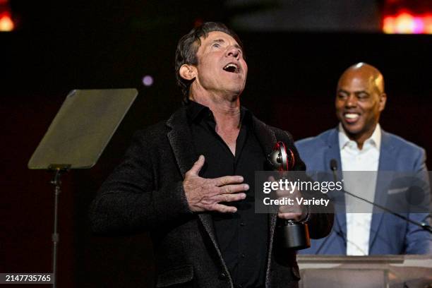 Dennis Quaid, recipient of the Cinema Icon Award, and Kevin Frazier onstage at the CinemaCon Big Screen Achievement Awards held during CinemaCon at...