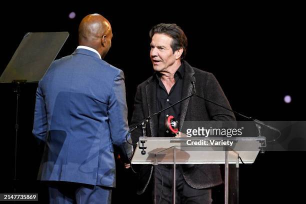 Kevin Frazier and Dennis Quaid, recipient of the Cinema Icon Award, onstage at the CinemaCon Big Screen Achievement Awards held during CinemaCon at...