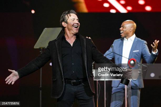 Dennis Quaid, recipient of the Cinema Icon Award, and Kevin Frazier onstage at the CinemaCon Big Screen Achievement Awards held during CinemaCon at...