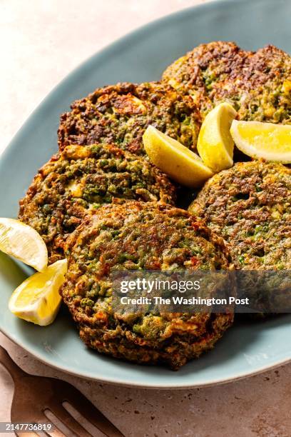 Pea, Za'atar and Feta Fritters photographed for Food in Washington, DC on April 10, 2024.