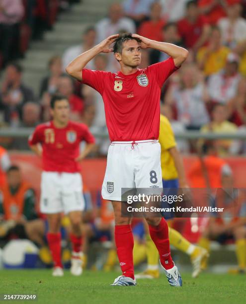 June 20: Frank Lampard of England reacts during the FIFA World Cup Finals 2006 Group B match between Sweden and England at Rheinenergiestadion on...