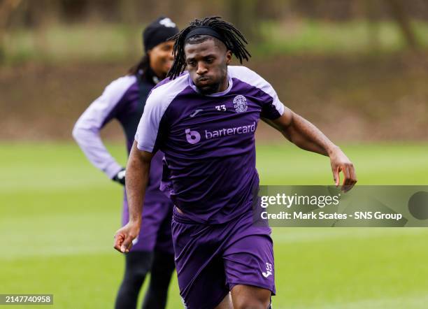 Rocky Bushiri during a Hibernian training session at Hibernian Training Centre, on April 12 in Edinburgh, Scotland.