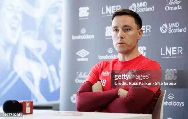 Barrie McKay during a Heart of Midlothian press conference at Oriam, on April 12 in Edinburgh, Scotland.