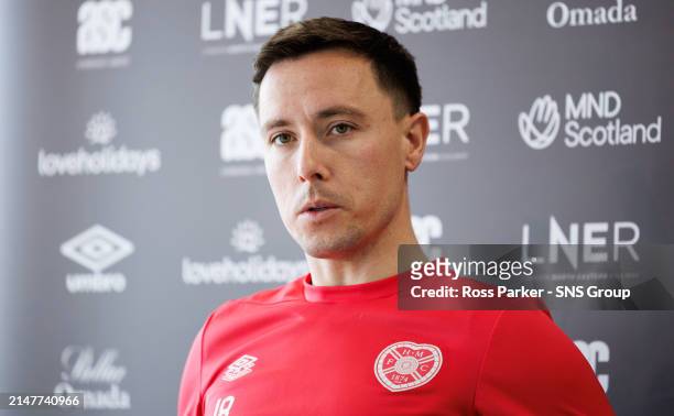Barrie McKay during a Heart of Midlothian press conference at Oriam, on April 12 in Edinburgh, Scotland.
