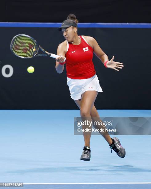 Japan's Naomi Osaka plays against Kazakhstan's Yulia Putintseva during a Billie Jean King Cup qualifying tie at Tokyo's Ariake Coliseum on April 12,...