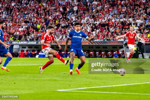 Rafa Silva of Benfica and Luis Henrique of Marseille seen in action during the UEFA Europa League 2023/24 match between SL Benfica and Olympique de...