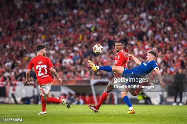 Quentin Merlin of Olympique de Marseille with Florentino Luis and Rafa Silva of SL Benfica in action during the UEFA Europa League quarterfinal first...